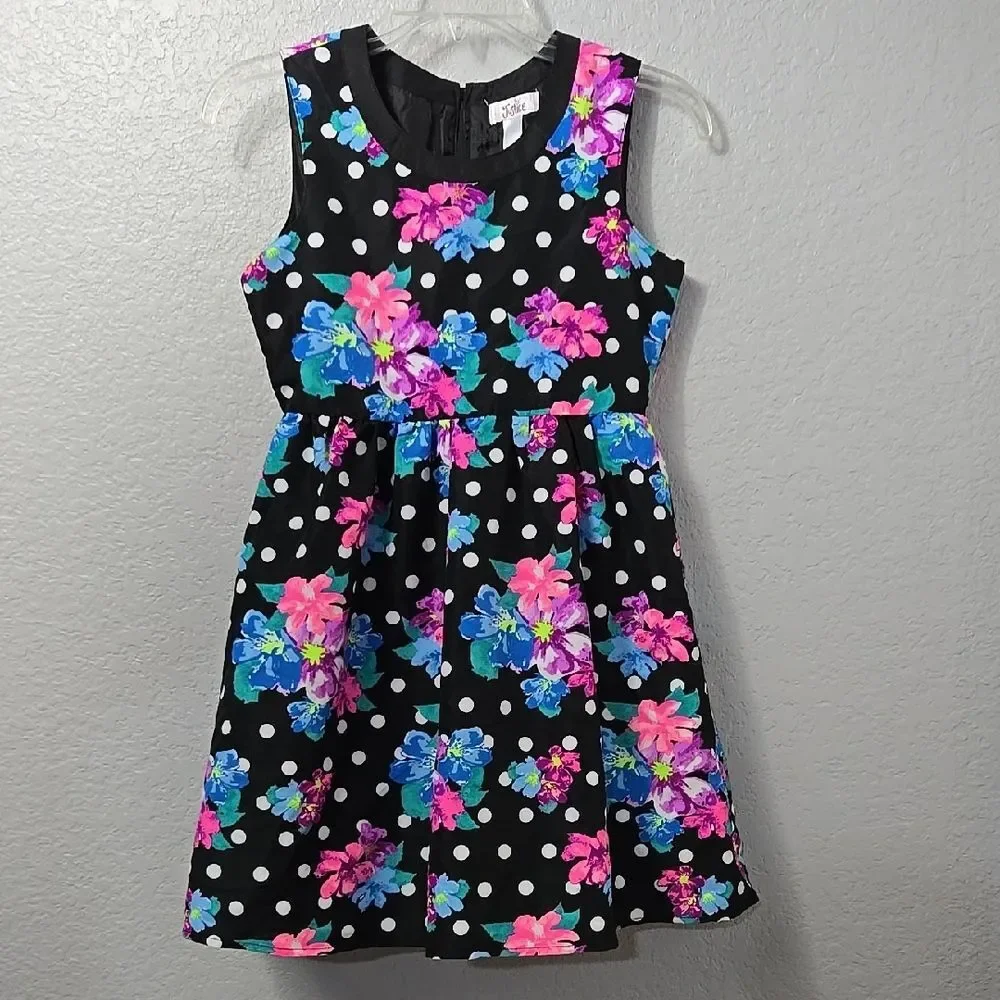 Justice Girls Floral Polka Dot Dress 12 Black Twirl Party Sundress Trendy Tween
